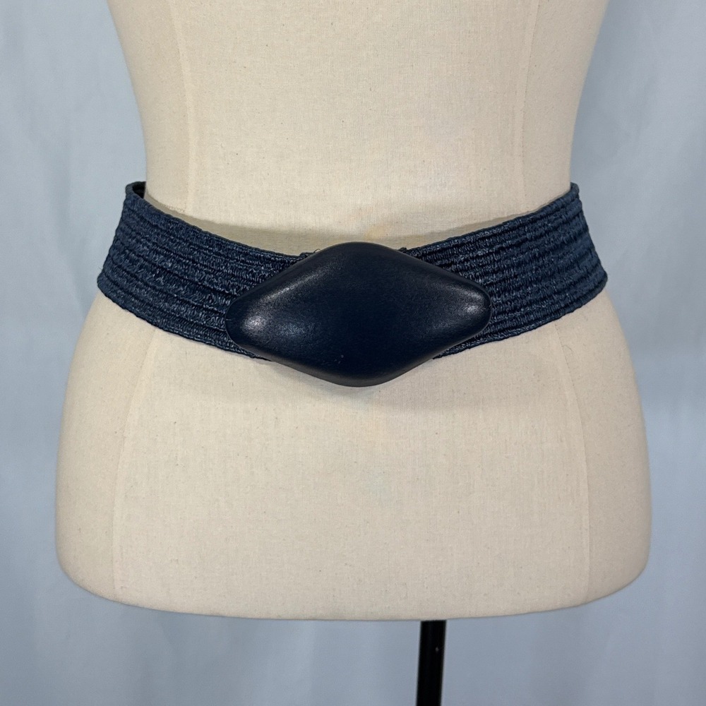 Vintage Milor Navy Blue‎ Woven Straw Elastic Cinch Belt Diamond Buckle 31 Inch